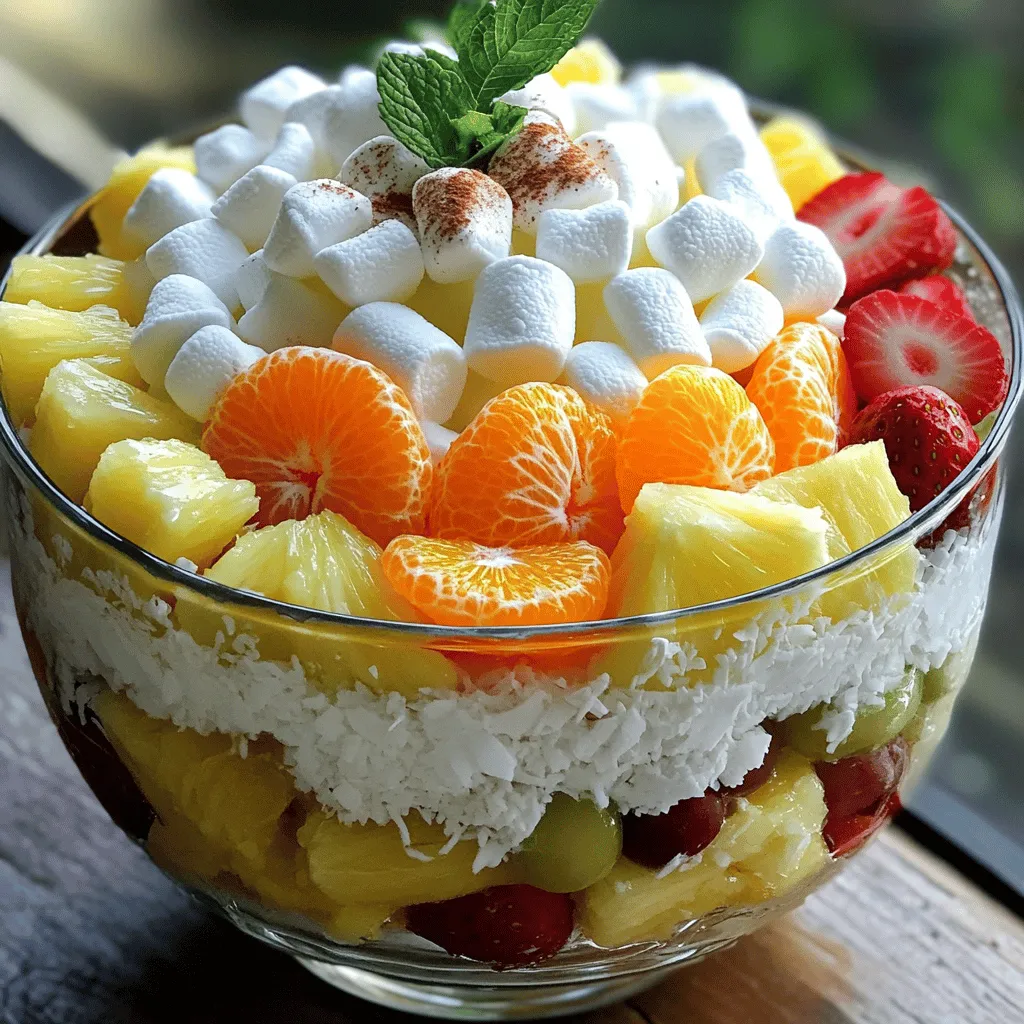 - Mini marshmallows - Shredded coconut (sweetened) - Canned mandarin oranges - Fresh pineapple - Strawberries - Grapes - Walnuts or pecans (optional) - Whipped cream or coconut whipped cream - Vanilla extract - Cinnamon (for garnish)