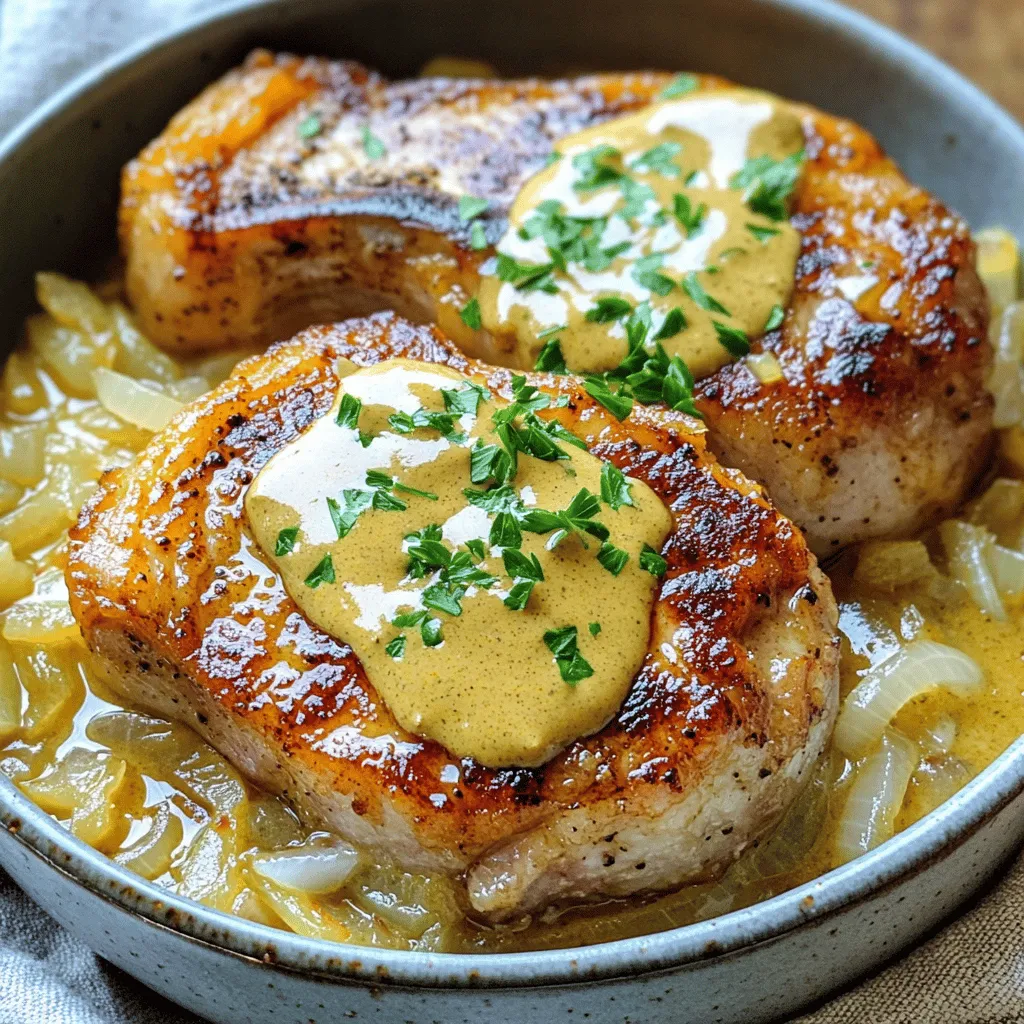 - 4 bone-in pork chops - 1 large onion, sliced - 2 cloves garlic, minced