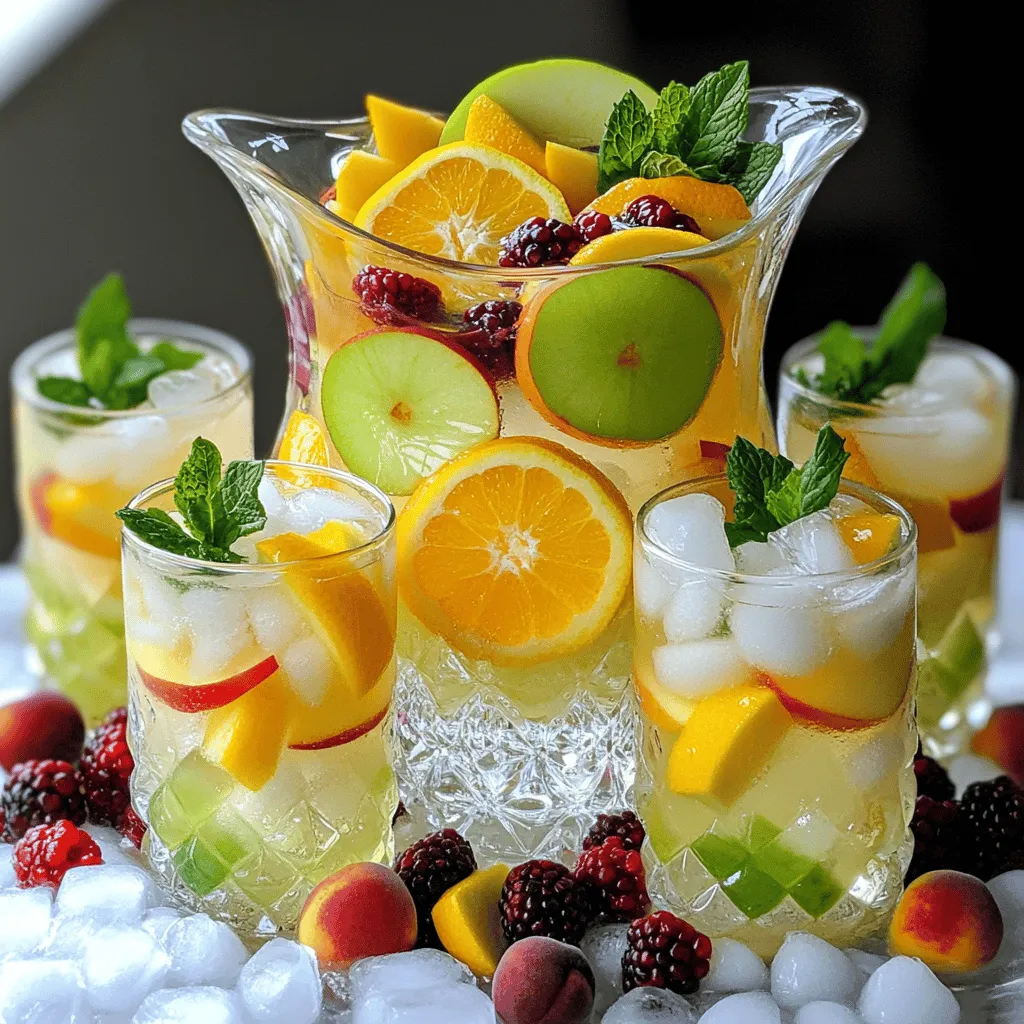 To make a tasty white sangria, you need fresh and vibrant ingredients. Here are the must-haves: - 2 cups white grape juice - 1 cup sparkling water - 1 cup peach nectar - 1 green apple, thinly sliced - 1 orange, thinly sliced - 1 lemon, thinly sliced - 1 cup mixed berries (strawberries, blueberries, and raspberries) - Fresh mint leaves for garnish - Ice cubes