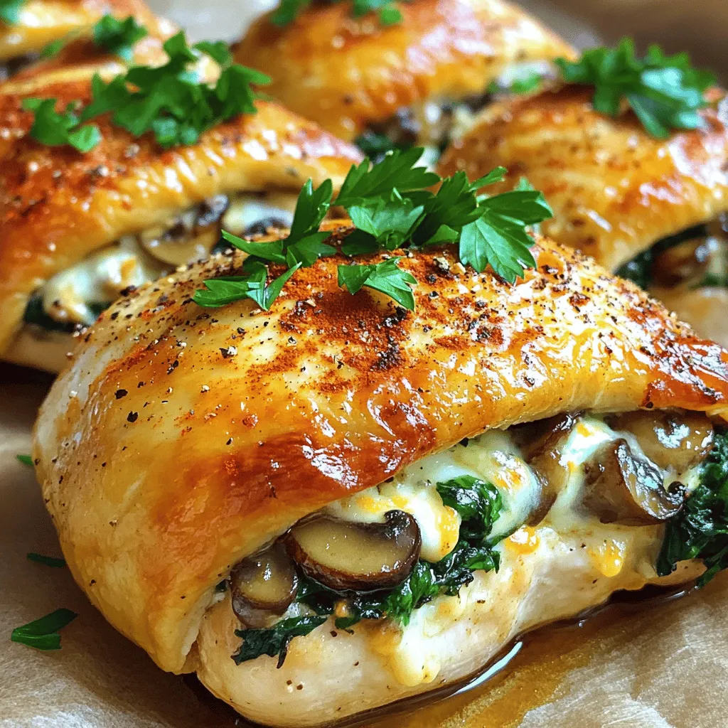 - 2 boneless, skinless chicken breasts - 1 cup mushrooms, finely chopped (cremini or button) - 1/2 cup fresh spinach, chopped - 1/4 cup low-fat cream cheese - 1/4 cup shredded mozzarella cheese - 2 cloves garlic, minced - 1 tablespoon olive oil - 1 teaspoon dried thyme - 1 teaspoon paprika - Salt and pepper to taste - Fresh parsley for garnish