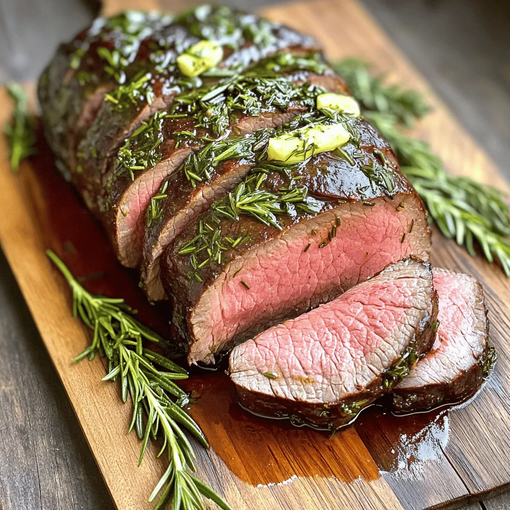 - 2 pounds beef tenderloin roast - 4 tablespoons unsalted butter, softened - 2 tablespoons fresh rosemary, finely chopped - 2 tablespoons fresh thyme, finely chopped - 4 cloves garlic, minced - 1 tablespoon Dijon mustard