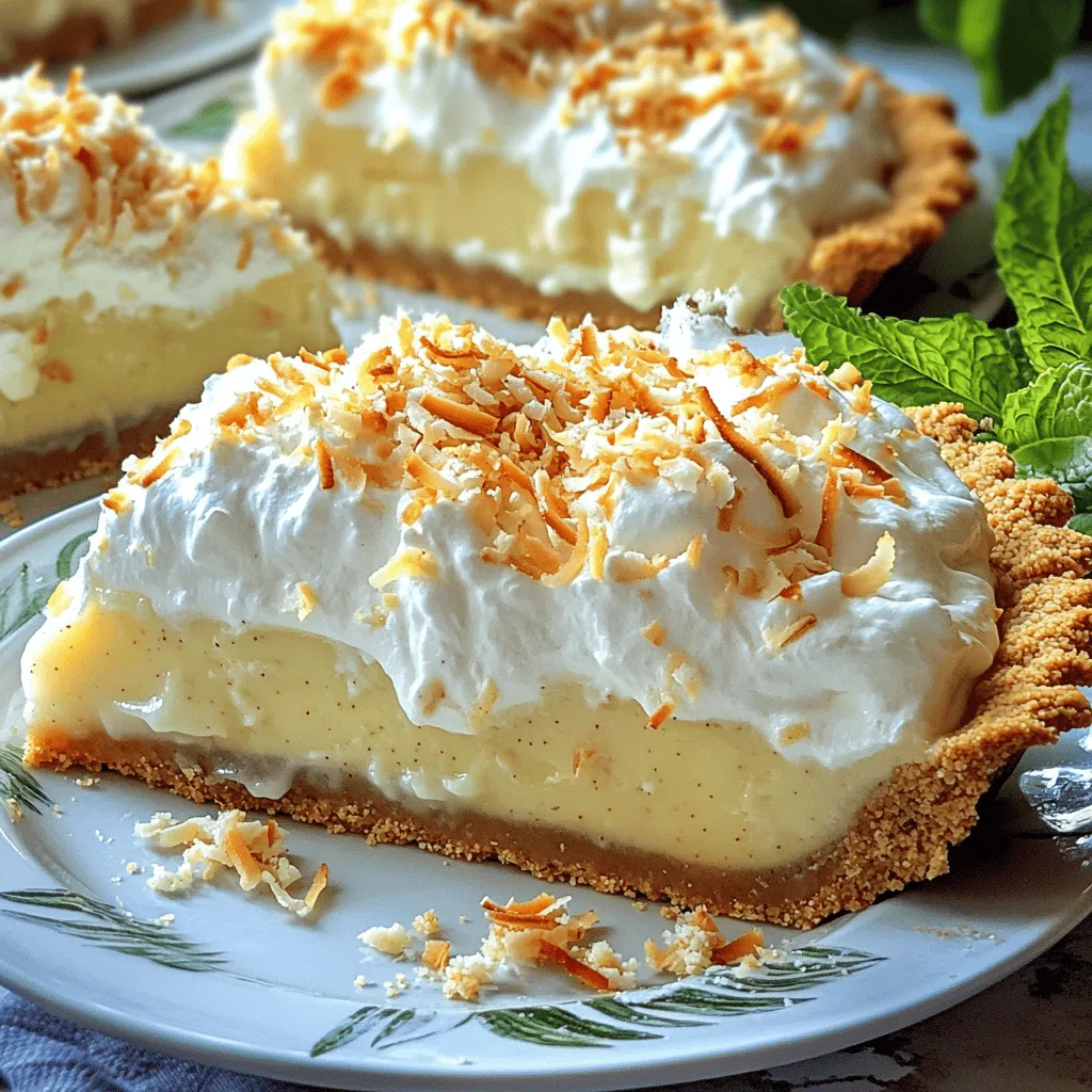To make a delicious coconut cream pie, you need the following ingredients: - 1 pre-made graham cracker pie crust - 1 cup coconut milk - 1 cup heavy whipping cream - 3/4 cup granulated sugar - 1/4 cup cornstarch - 1/4 teaspoon salt - 1 teaspoon vanilla extract - 1 cup shredded unsweetened coconut - 3 egg yolks - 1 tablespoon butter - Whipped cream and toasted coconut for topping