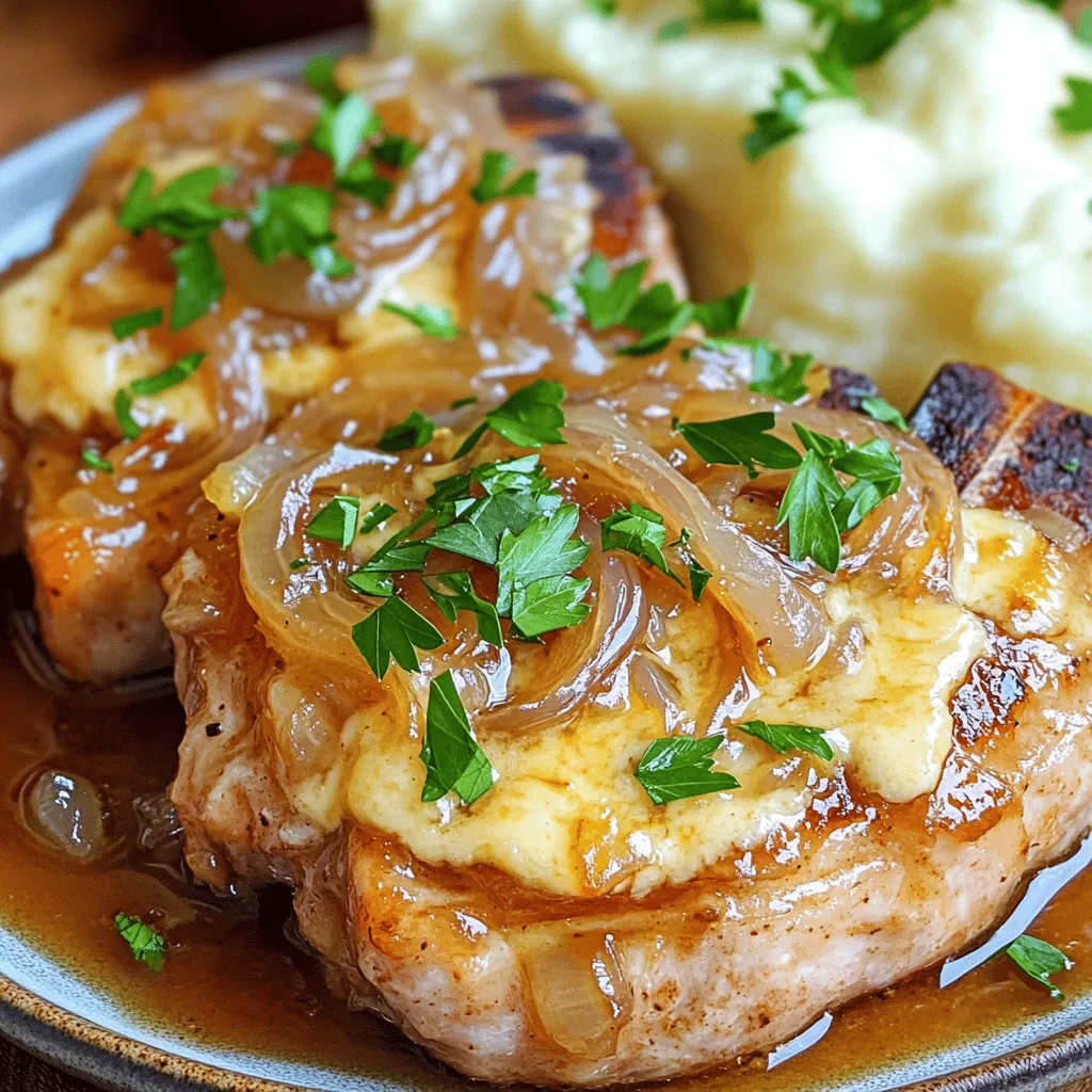 - 4 bone-in pork chops (1-inch thick) - 2 large onions, thinly sliced - 3 cloves garlic, minced - 2 tablespoons olive oil - 1 teaspoon dried thyme - 1 teaspoon sugar - 1 cup beef broth (low sodium) - 1 cup shredded Gruyère cheese - Salt and pepper to taste - Fresh parsley, chopped (for garnish)