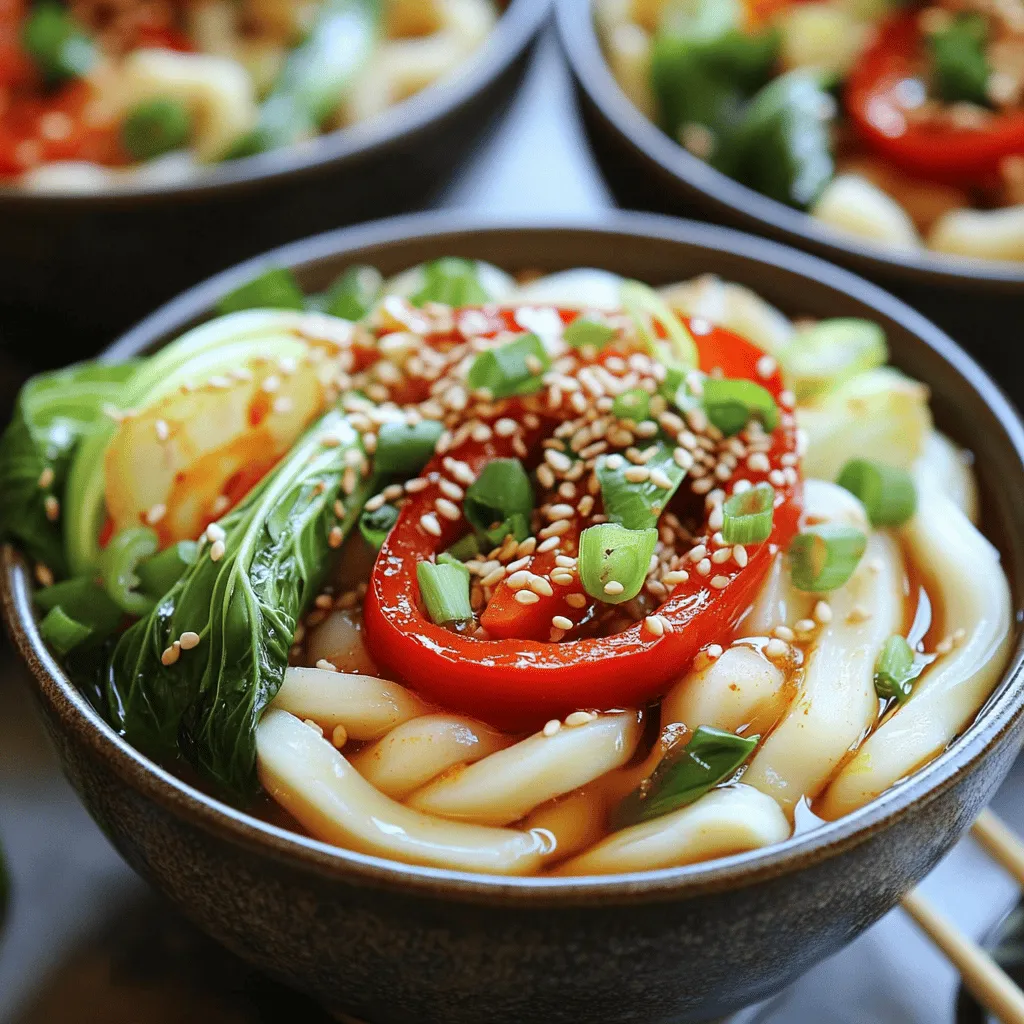 - 400g fresh udon noodles - 4 tablespoons chili oil (store-bought or homemade) - 2 cloves garlic, minced - 1 inch ginger, grated