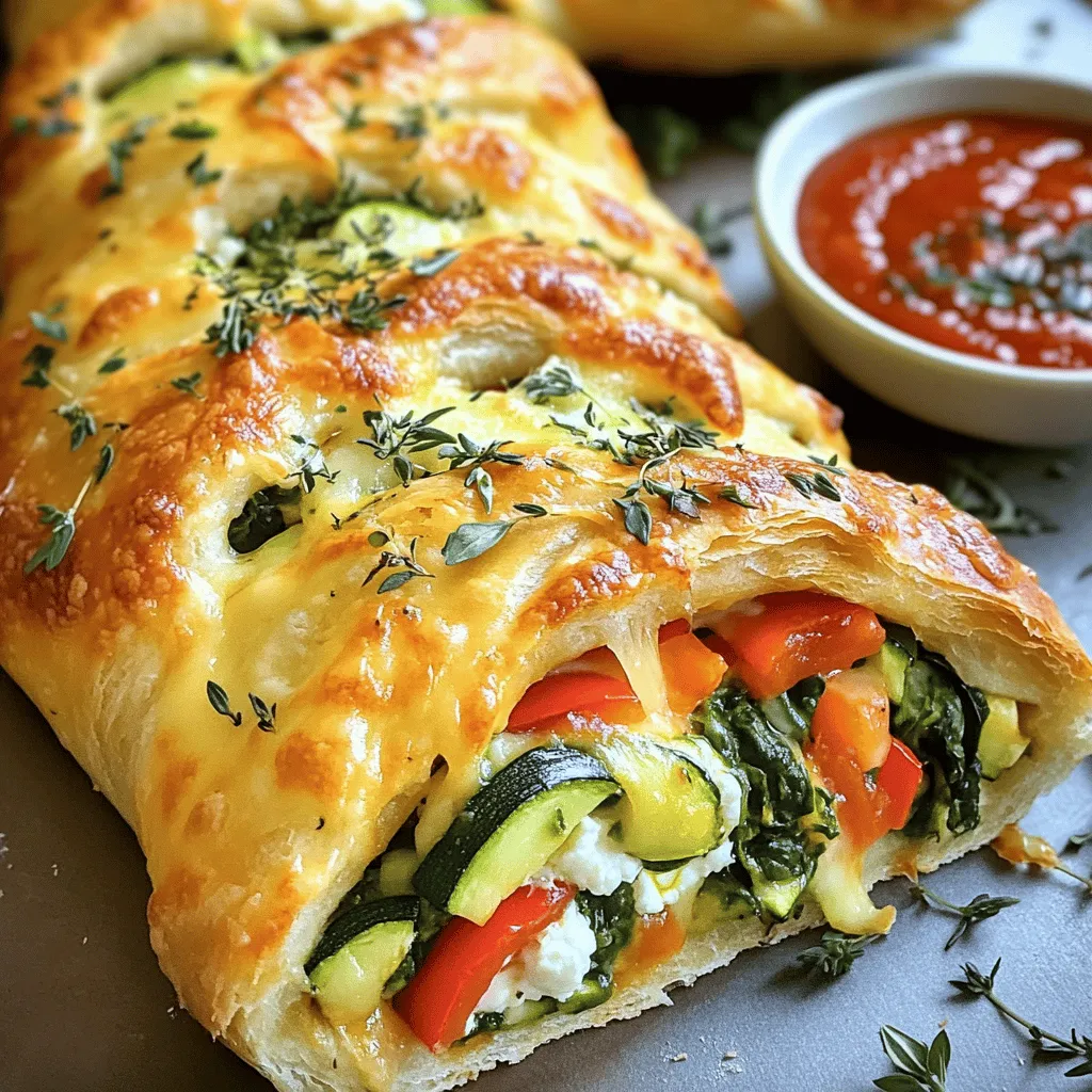 To make your easy Stromboli, gather these ingredients: - 1 pound pizza dough - 1 cup mozzarella cheese, shredded - 1/2 cup ricotta cheese - 1/2 cup cooked spinach, drained and chopped - 1/2 red bell pepper, thinly sliced - 1/2 cup mushrooms, sliced - 1 small zucchini, sliced - 1 teaspoon dried oregano - 1 teaspoon garlic powder - 1 egg, beaten (for egg wash) - Olive oil, for drizzling - Salt and pepper to taste - Marinara sauce, for dipping